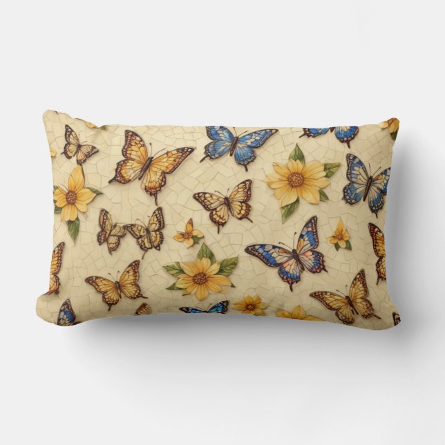 Coussin Rectangle Papillons et fleurs de mosaïque jaune (Recto)