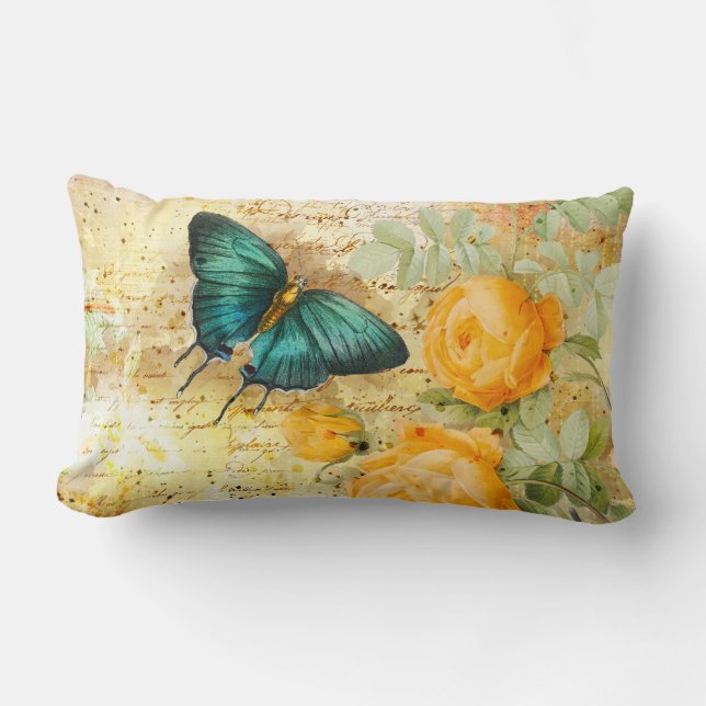 Coussin Rectangle Papillons et Roses Vintage (Recto)
