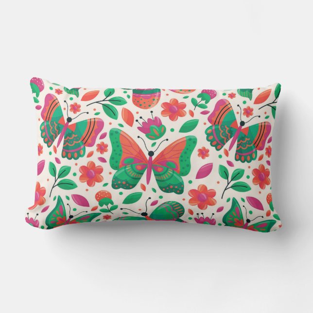 Coussin Rectangle Papillons, Fleurs et Feuilles (Recto)