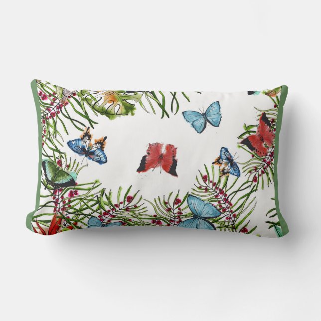 Coussin Rectangle Papillons Plante tropicaux Berries Bleu rouge (Recto)