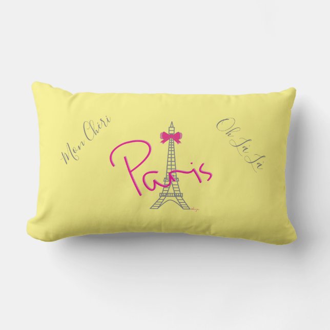 Coussin Rectangle Paris, Tour Eiffel Bow rose Français Jaune moderne (Recto)