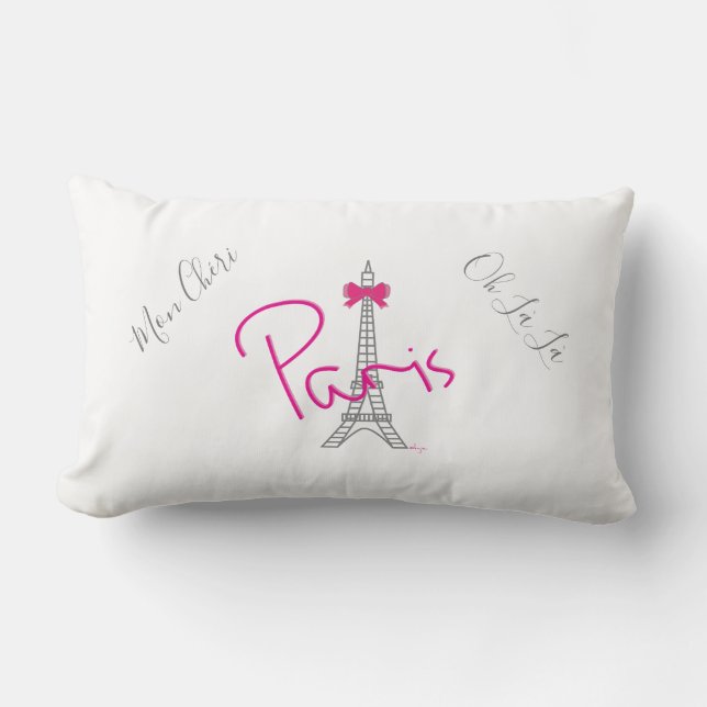 Coussin Rectangle Paris, Tour Eiffel Bow rose Français Moderne Blanc (Recto)