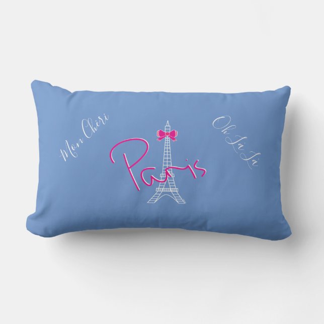 Coussin Rectangle Paris, Tour Eiffel Bow rose Français Moderne Bleu (Recto)