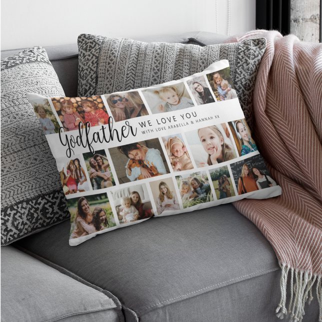 Coussin Rectangle Parrain personnalisé Collage de 18 photos (Créateur téléchargé)