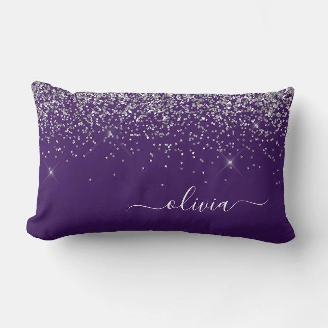 Coussin Rectangle Parties scintillant d'argent violet Girl Nom du mo (Recto)