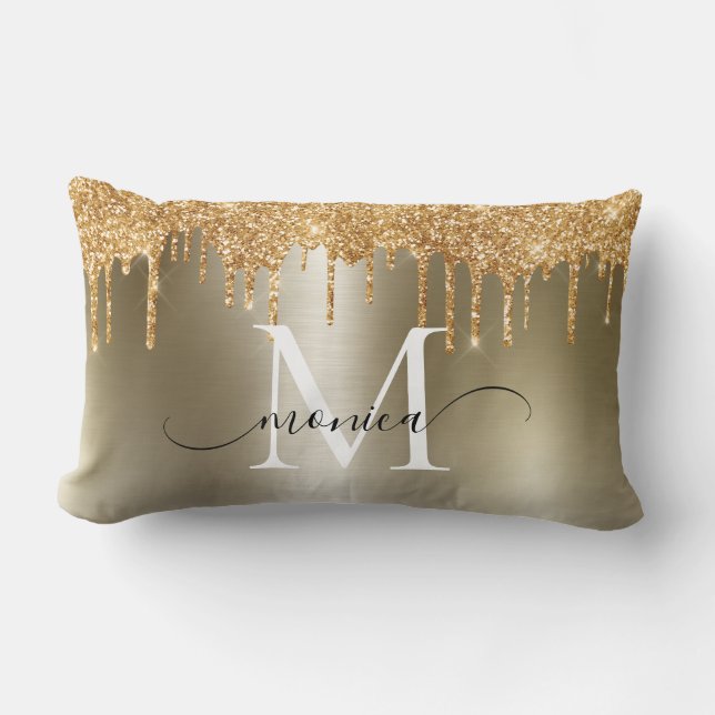 Coussin Rectangle Parties scintillant en métal or Nom du monogramme (Recto)