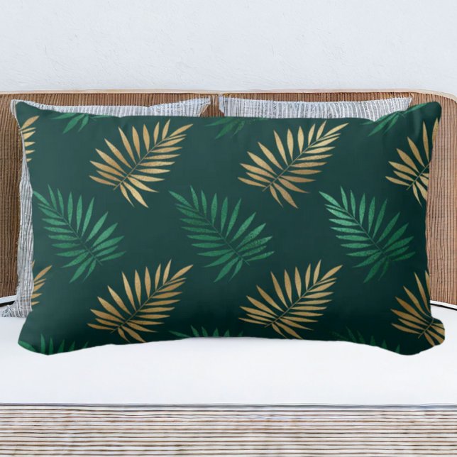 Coussin Rectangle Parties scintillant verte et or sur Feuilles tropi (Créateur téléchargé)