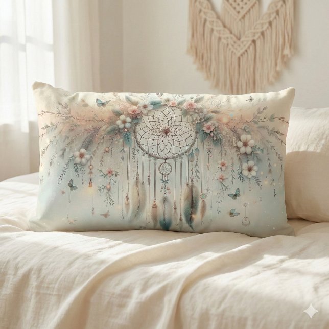 Coussin Rectangle Pastel Floral Butterfly Dreamcatcher (Pastel Floral Butterfly Dreamcatcher Lumbar Pillow Mockup A)