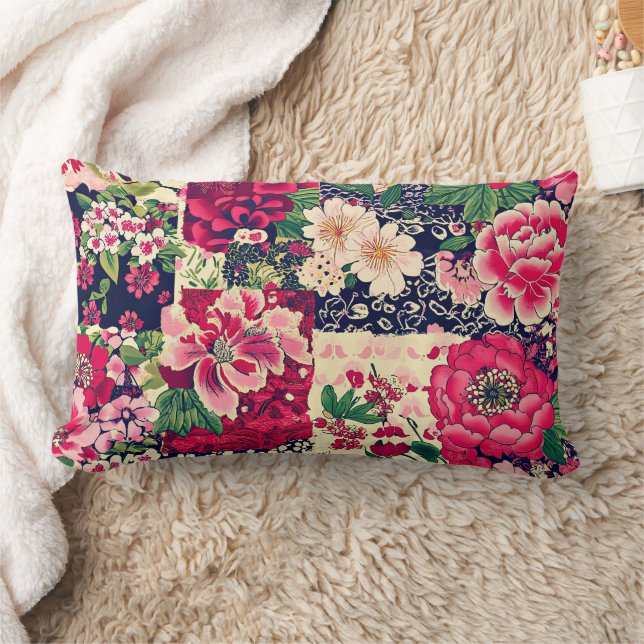 Coussin Rectangle Patchwork de Chinoiserie rouge et bleu (Couverture)