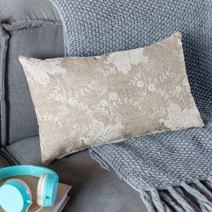 Coussin Rectangle Pays rustique vintage burlap beige et dentelle bla