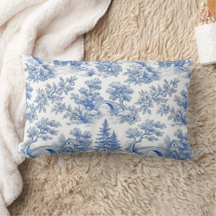 Coussin Rectangle Paysage boisé de toile de Jouy vintage bleu frança