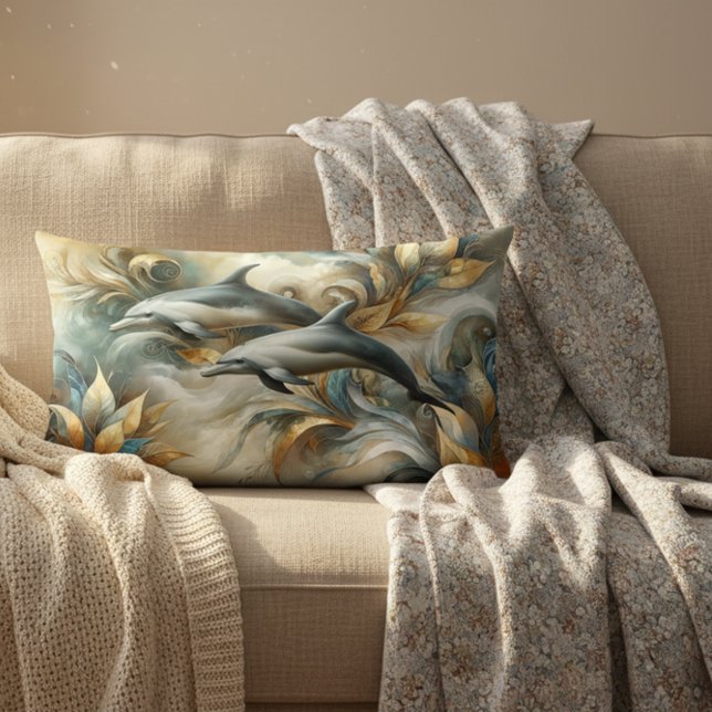 Coussin Rectangle Paysage Botanique Doré des Dauphins (Dolphins Golden Botanical Dreamscape Lumbar Pillow Mockup)