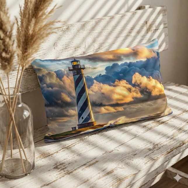 Coussin Rectangle Paysage de phare dramatique avec des vagues orageu (Dramatic Lighthouse Seascape with Stormy Waves Lumbar Pillow Mockup 1)