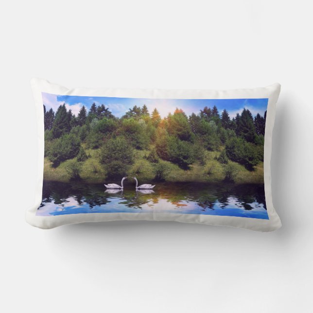 Coussin Rectangle Paysage forestier et rivière à deux cygnes (Recto)