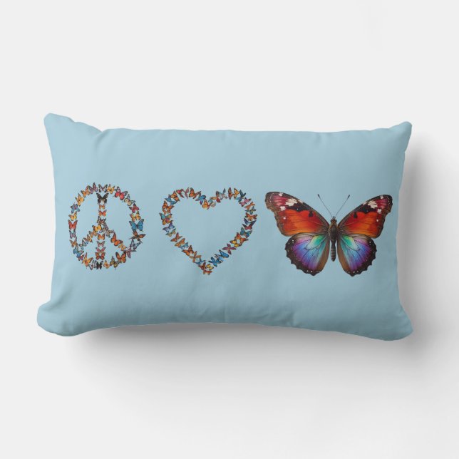 Coussin Rectangle Peace Love Butterflies Colorful Sky Blue Butterfly (Recto)