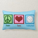 Coussin Rectangle Peace Love Volleyball Personnalisé Bleu<br><div class="desc">Un joli signe de paix,  un coeur,  et un joli volley-ball sur un oreiller à lancer personnalisé. Joli décor de salle d'équipe de volley.</div>