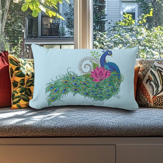 Coussin Rectangle Peacock Blue Lotus Fleur Henné (Créateur téléchargé)