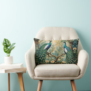 Coussin Rectangle Peacock Golden Turquoise Floral Jungle