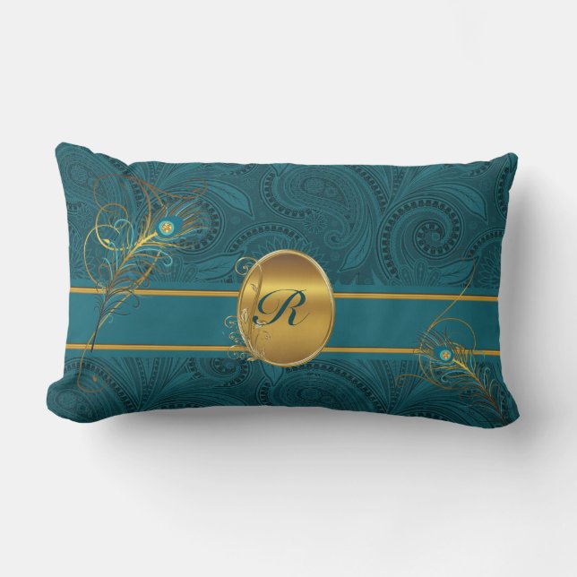 Coussin Rectangle Peacock Turquoise monogrammé avec Gold 2 faces (Recto)