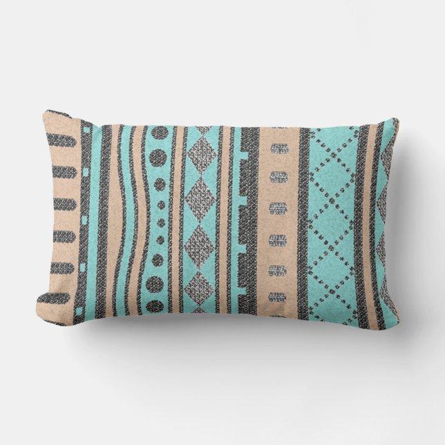 Coussin Rectangle Pêche Et Motif Tribal Turquoise (Recto)