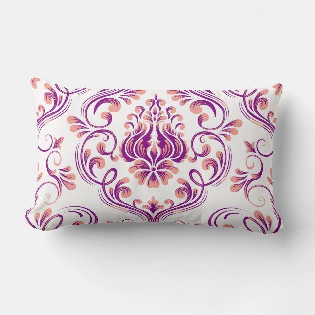 Coussin Rectangle Pêche et pourpre Damas motif floral élégant (Recto)