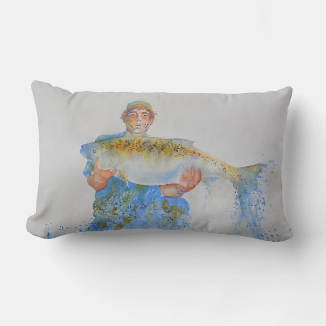 Coussin Rectangle Pêcheur peinture d'aquarelle cadeau de pêche pour  (Recto)