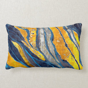 Coussin Rectangle peinture Abstraite, rayures, or, argent, bleu