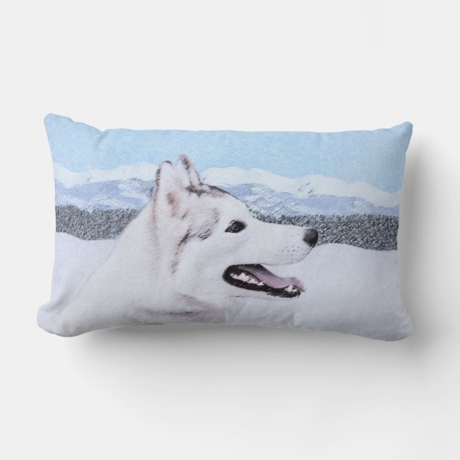 Coussin Rectangle Peinture de chien Husky sibérien (argent et blanc) (Recto)