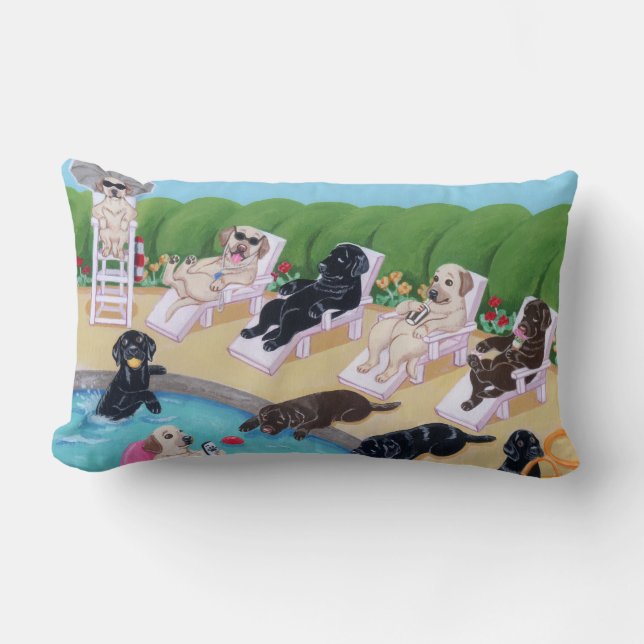 Coussin Rectangle Peinture de Labradors de partie de Poolside (Recto)