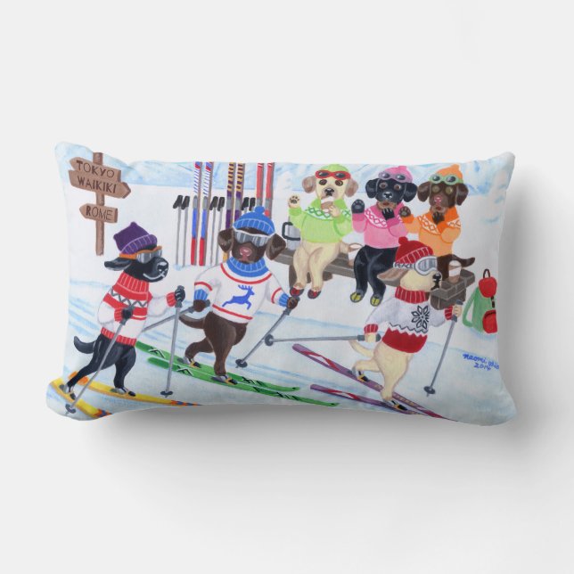Coussin Rectangle Peinture de ski nordique de Labradors (Recto)
