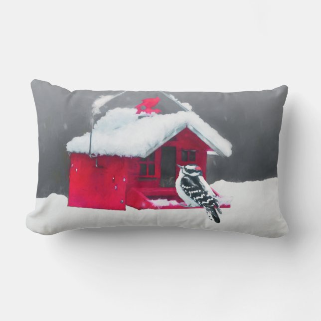Coussin Rectangle Peinture Downy Woodpecker - Art original pour oise (Recto)