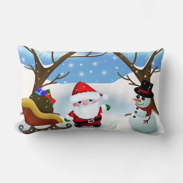 Coussin Rectangle Père Noël et bonhomme de neige de Noël (Recto)