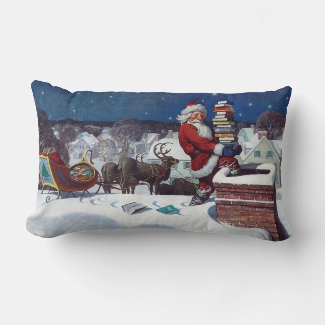 Coussin Rectangle Père Noël livrant une brassée de livres par Wyeth (Recto)