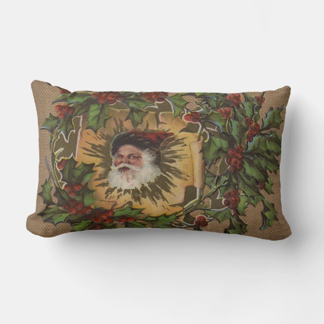 Coussin Rectangle Père Noël Vintage Antique Houx Noël (Recto)