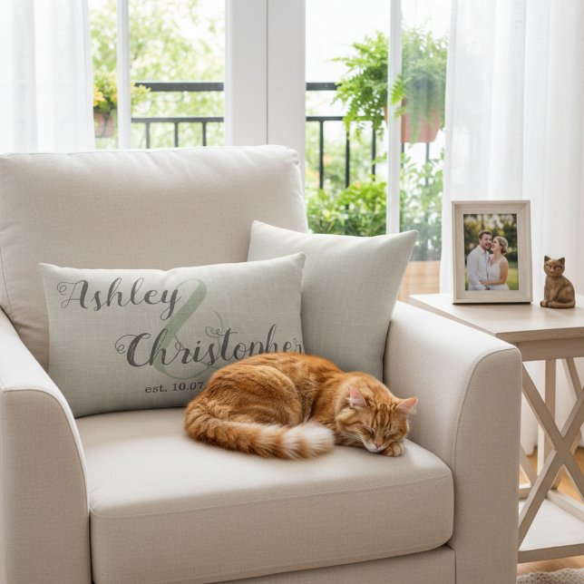 Coussin Rectangle Personalized Wedding Gift: Gray Farmhouse Throw (Wedding gift idea: Personalized neutral color pillow with newlyweds' names and wedding date.)