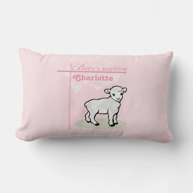 Coussin Rectangle Personnalisable, Baptême, Rose, Fille, Agneau (Recto)