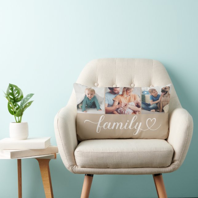 Coussin Rectangle Personnalisation Famille Beige Coeur Script 3 Phot (Chaise)