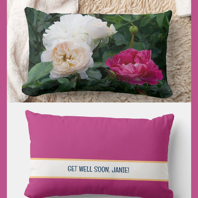 Coussin Rectangle Personnalisé Obtenez Bien Bientôt Coworker Ami Ros (Modern, elegant Get Well Soon personalized name accent pillow. Photo of cream & streaked pink roses)