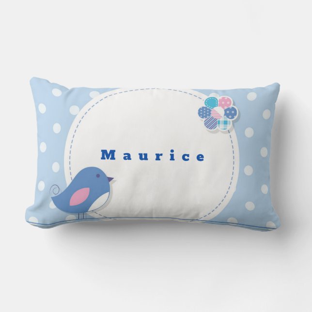 Coussin Rectangle Personnaliser Polka Bleu Blanc Point Oiseau Fleur  (Recto)
