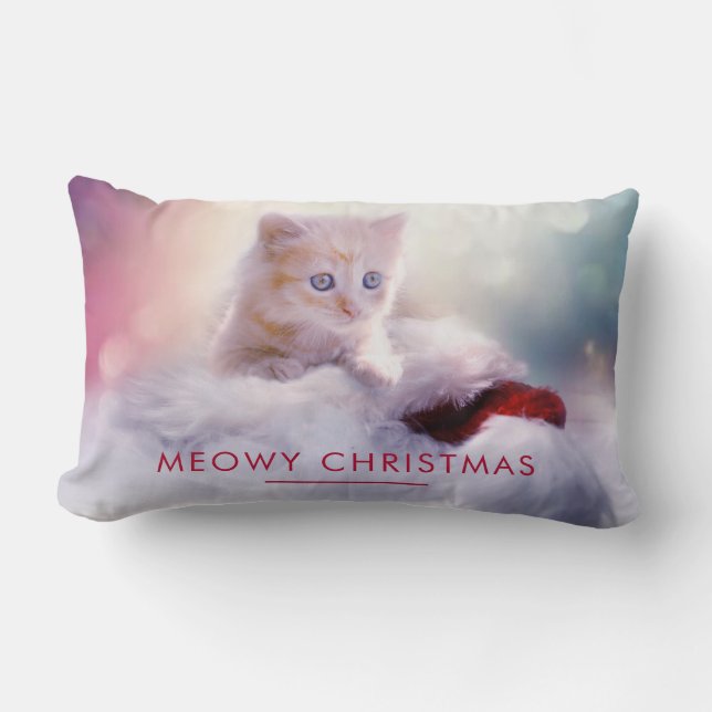 Coussin Rectangle Petit Kitten reposant sur un chapeau de Noël Meowy (Recto)