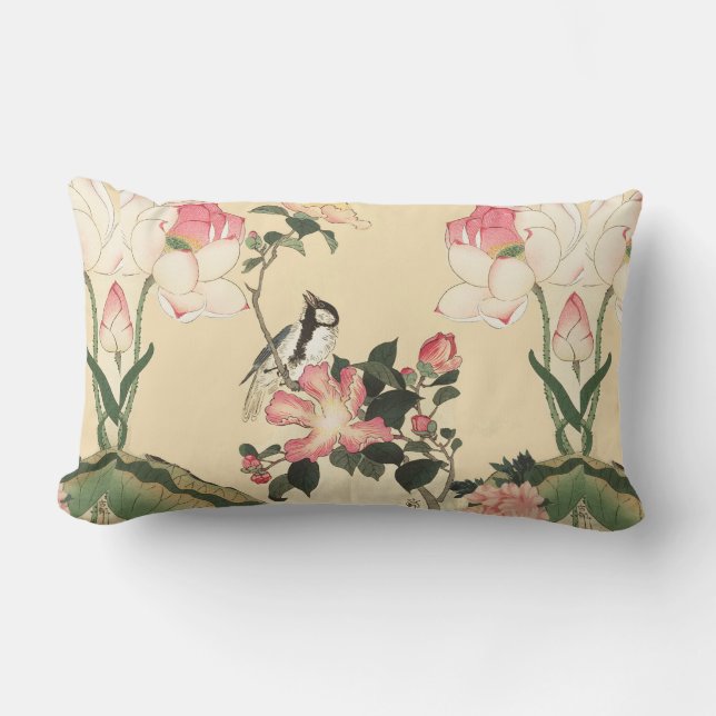COUSSIN RECTANGLE PETIT OISEAU AVEC ROSES PINK ET FLEURS DE LOTUS (Recto)