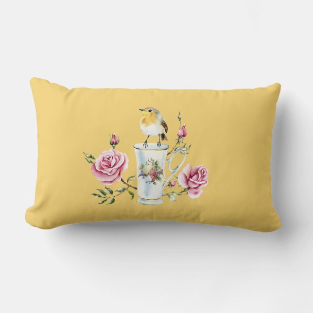 Coussin Rectangle Petit oiseau mignon sur Chine tasse de thé rose ro (Recto)