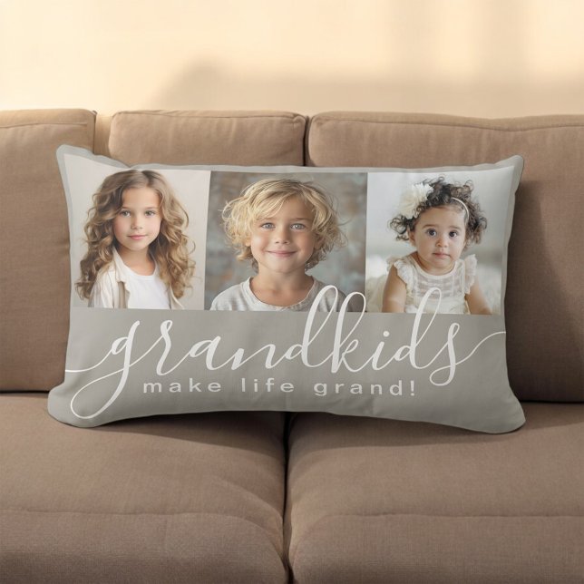 Coussin Rectangle Petits-enfants font la vie Grand 3 Collage photo (A great gift idea for Grandparents. Personalize with 3 photos.)