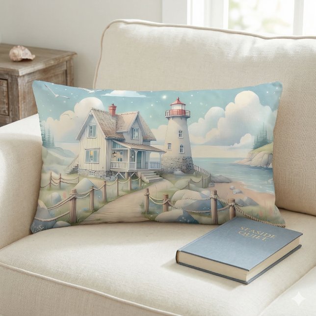 Coussin Rectangle Phare Pastel de Rêve au Bord de la Mer (Dreamy Pastel Lighthouse by the Sea Lumbar Pillow On Sofa)