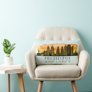 Coussin Rectangle Philadelphie Sunset Skyline Map Coordinates