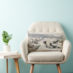 Coussin Rectangle Phoques à tête noire dans la neige arctique par Lo