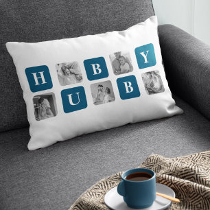 Coussin Rectangle Photo Collage Moderne Bleu Meilleur Hubby Ever Cad