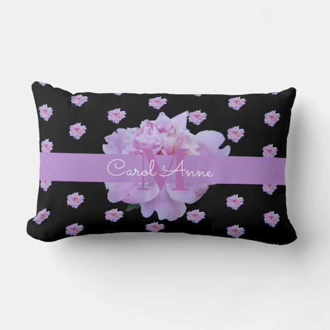 Coussin Rectangle Pierre rose Monogramme floral violet noir (Recto)