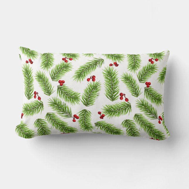 Coussin Rectangle Pin vert de Noël Feuilles & Baies rouges en blanc (Recto)