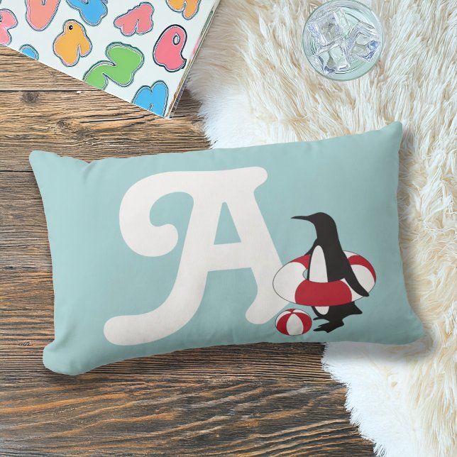 Coussin Rectangle Pingouin bleu clair nager Enfants Monogramme (Créateur téléchargé)
